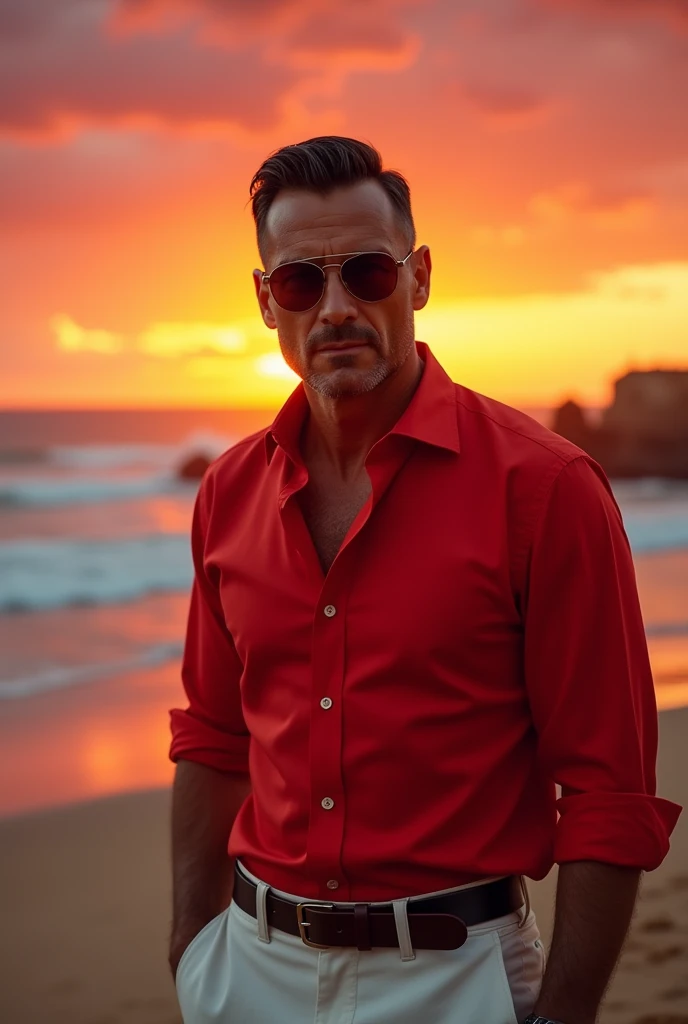 Realistic , handsome male, 40years, crew cut dark hair, brown colored eyes, clear face and tan skin, wearing sunglasses, red shirt and white pants, backward the sunrise on the Algarve beach, red sky in the bright morning, red atmosphere