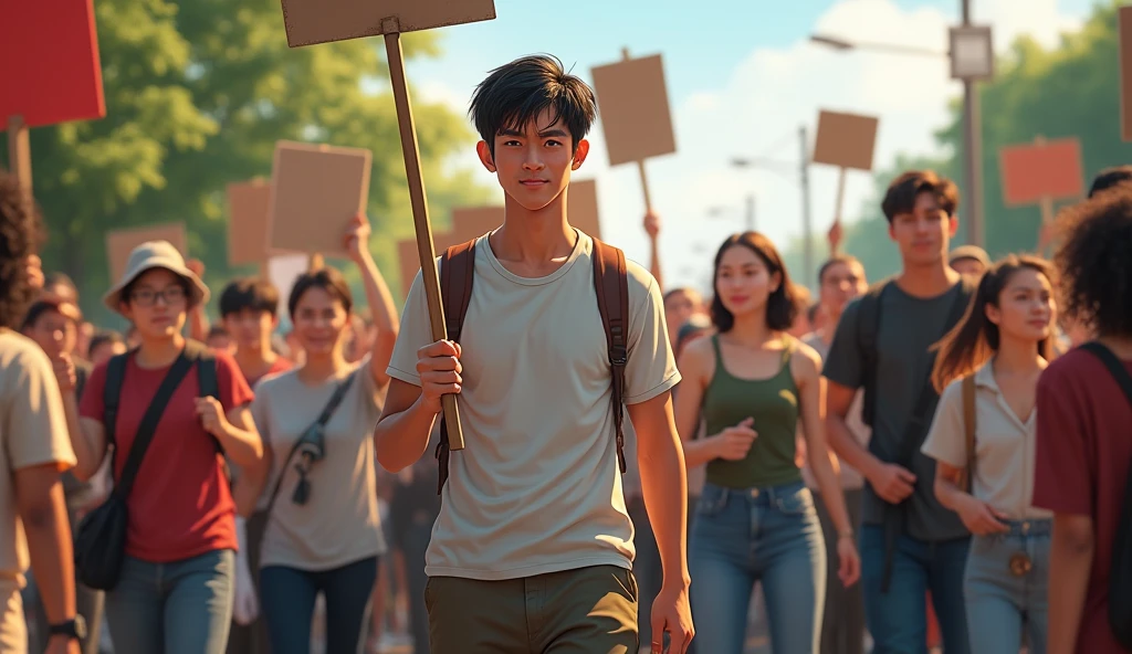A 20-year-old man wearing a short-sleeved shirt, long pants,asian and sneakers with a pitiful face and expression is protesting with his friends and teachers, along with a protest sign.