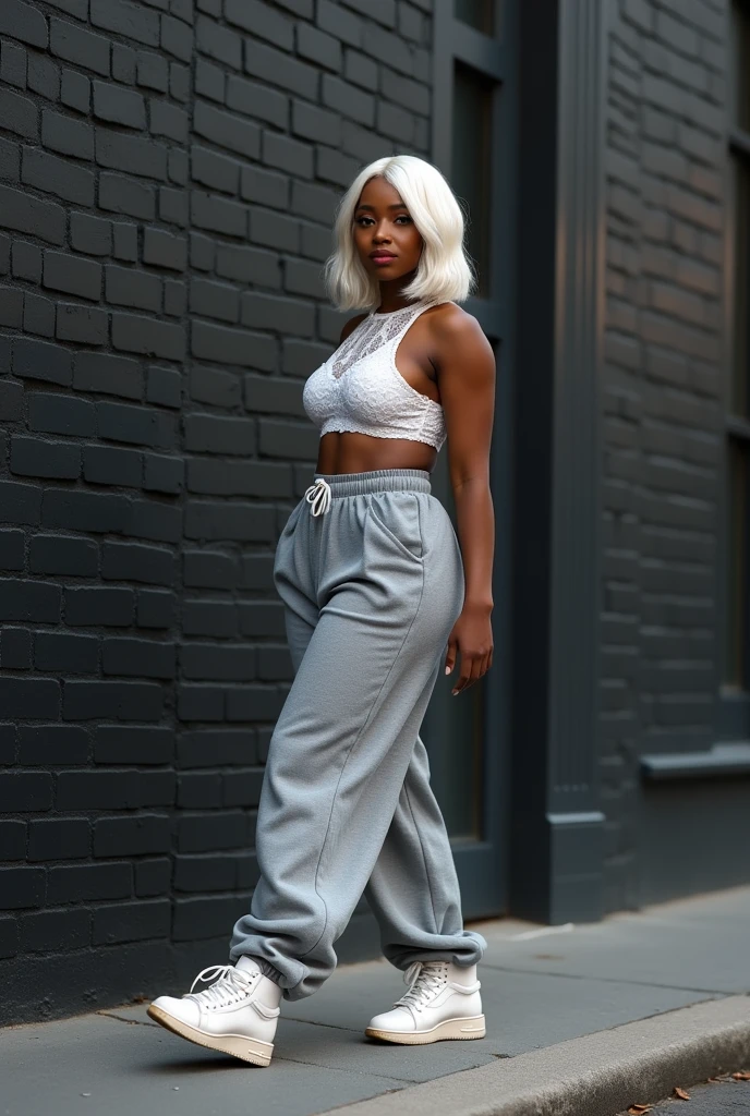 Girl: Age: 23 Height: 175 cm Nationality: African American 1. Face: Face shape: Oval face with smooth, dark skin of a warm chocolate hue. Eyes: Large brown eyes with long lashes. The gaze is soft and calm. Lips: Full, expressive lips of a natural dark pink color, with a slight smile. Nose: Straight nose with rounded nostrils, of neat shape. Hair: Medium length, white in color straight. 2. Figure: Body type: Average height with a feminine figure and smooth curves. The waist is well-defined, hips are rounded, creating an hourglass silhouette. Breasts: Size 3, natural shape. Shoulders: Slightly sloped, giving the figure a softer appearance. Legs: Slim, long legs with toned muscles. 3. Clothing: Top: White lace sports top. Bottom: Wide gray sweatpants that accentuate the figure's curves. Shoes: High white sneakers
there are scratches and some dirt on the sneakers. 4. Pose: A dynamic pose. 5. Location: Background: A black brick wall on a street. Lighting: Studio lighting. Details: Some bricks are broken. Mood: Cozy and calm atmosphere, the girl appears relaxed and enjoying solitude. don't blur the background. 8K