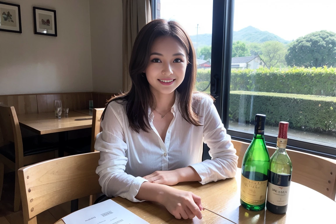 ((Highest quality、8K、masterpiece:1.3))、1 male、1 female、Couple、spouse、Couple、The body is slim、((Bob Hale、Straight hair:1.2)), (Realistic, Intricate details:1.2), テーブルの上のwine glass、Put the light on your face、 Amazing view of the sunset sky and clouds、Amazing mountain views、A bright smile、The wonderfulness of smile、Bright image、The beauty of wine, Beautiful Face, blue eyes, The light shines on your face, Blushing, short hair,Bright Face、 (Age 37), 39 years old, red wine 、Appetizers、Italian food、Wine bottle、Champagne、sparkling wine、Two beauties、Brown Hair、Shortcuts、Long sleeve shirt、dress、Beautiful woman 1, (slimな顔), (The body is slim), (Brown Hair), (Shortcuts), cheeks turn a little red,Attractive beauty、restaurant, In a prominent place (From the waist up) Nova Frog Style, actress, model, Upper Body, White wine, slim, wine glass, 中央に置かれたwine glass, smile, (smile: 1.15), Beautiful fine grain, Depth f/2,saturation, High Contrast, Strong light and shadow,Moist Body:1.5、3D texture、Delicate eyes、Brown Hair、The hair is very shiny、