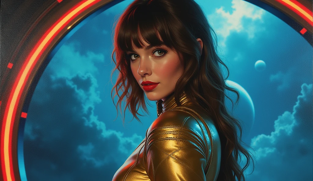 High-quality realistic acrylic art, VIVID COLORS, back point a view, a beautiful vintage european woman with brown straight hair, bangs, looking at the viewer with suspicious face and a shy smile, red lips, she wears sci-fi gold and blue metalic space suit, hands in the waist, dramatic blue red lights, in deep space with a partial planet in orbit