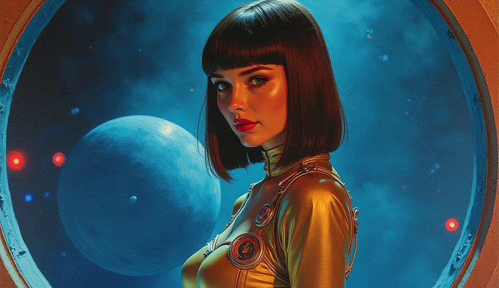High-quality realistic acrylic art, VIVID COLORS, back point a view, a beautiful vintage european woman with brown straight hair, bangs, looking at the viewer with suspicious face and a shy smile, red lips, she wears sci-fi gold and blue metalic space suit, hands in the waist, dramatic blue red lights, in deep space with a partial planet in orbit