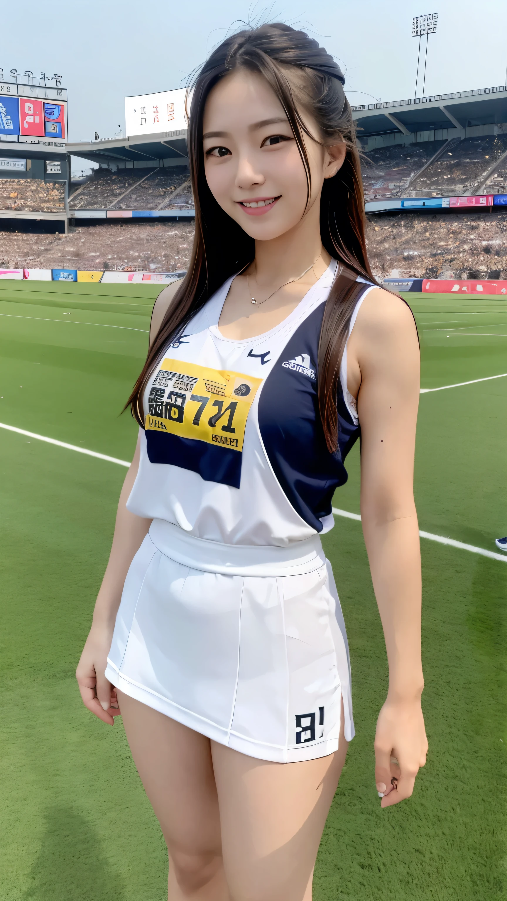 Highest quality、Realistically、Radiant Skin、Japanese women、Around 20 years old、Gravure idol、Athletics stadium with spectators、Track competitions、Roman numeral bib number、Uniforms with manufacturer logo、smile、