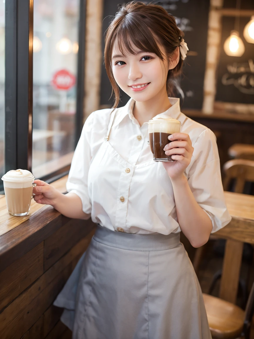 1 girl、(RAW Photos、Highest quality)、(Real、フォトReal:1.4)、Tabletop、Very delicate and beautiful、Very detailed、2k wallpaper、wonderful、Detailed、Very detailedCG Unity 8k壁紙、Super detailed、1、High resolution、(White waitress outfit)、Long skirt、Elegant skirt、Frills、ribbon、Soft Light、Beautiful detailed girl、Cafeのウエイトレス、Medium Hair、ponytail、smile、Happy Face、Cafe、coffee shop、Latte Art