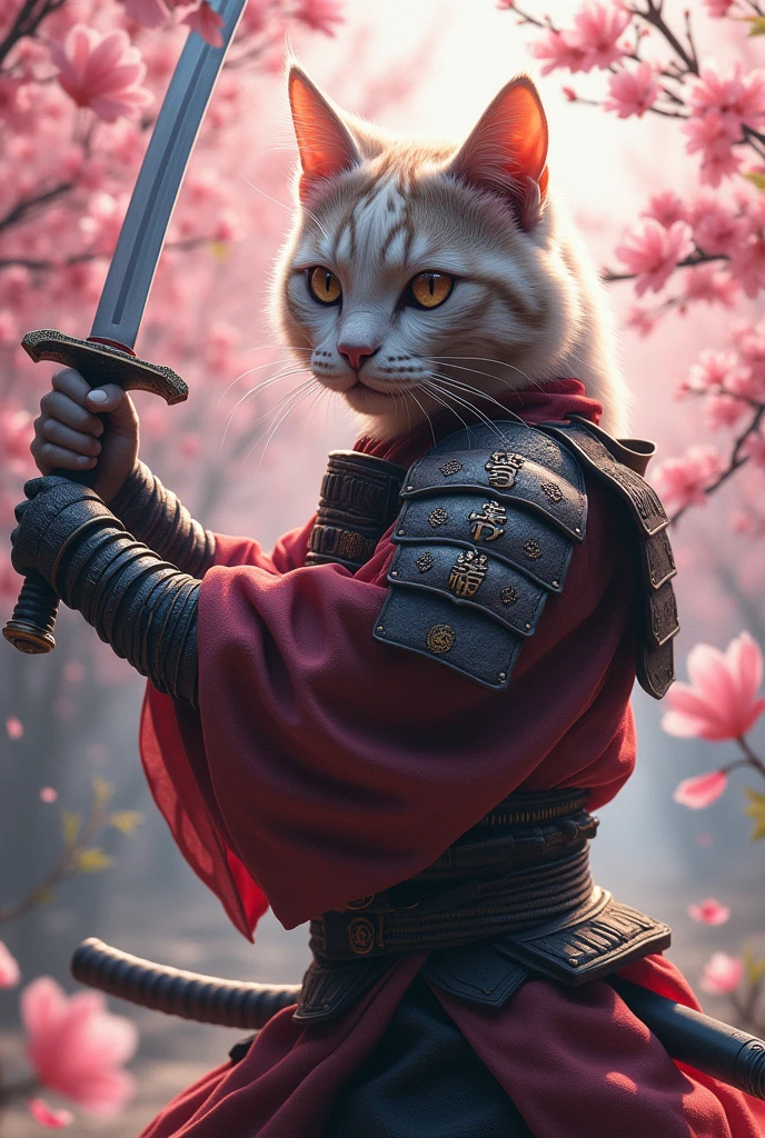 Cat samurai with sakura sword