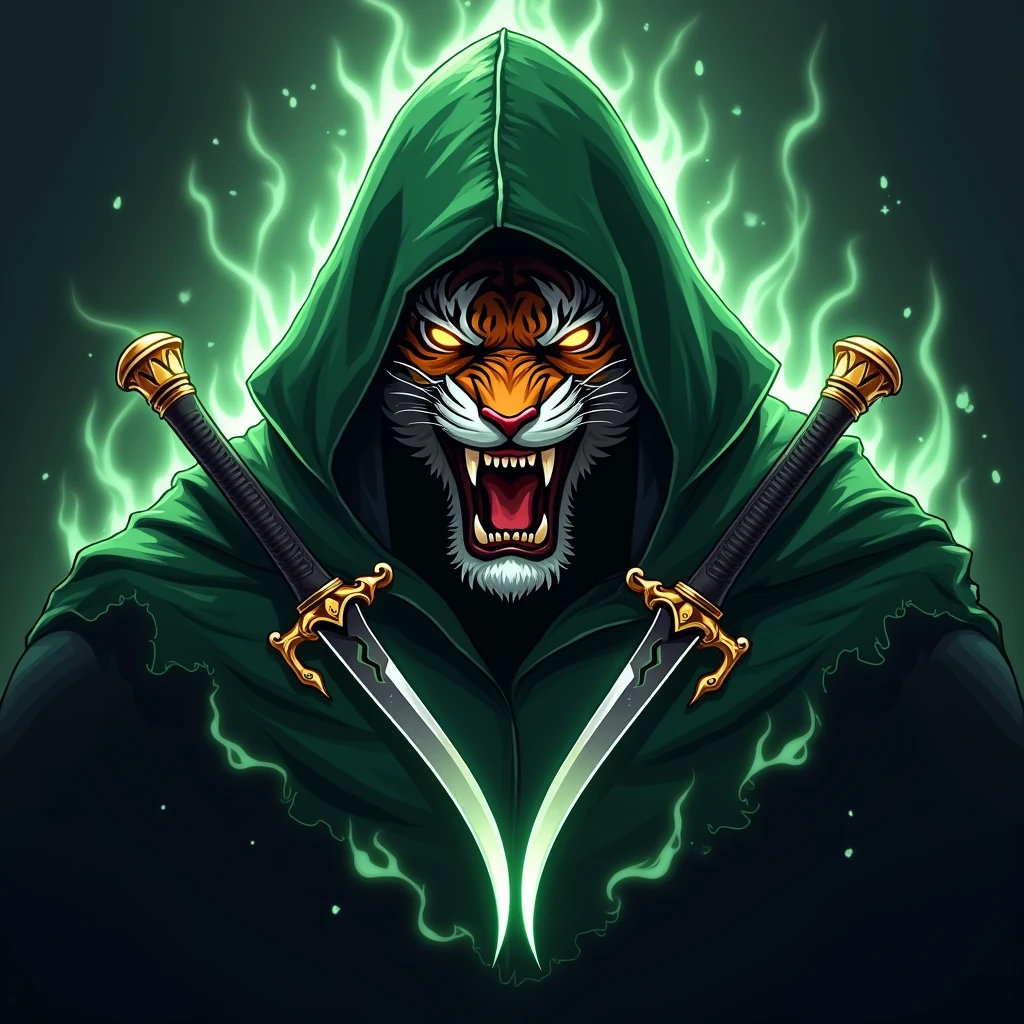 a heavily detailed dark fantasy esports logo, a menacing “TIGER-KING” with glowing red eyes and a sinister grin, shrouded in a tattered dark green hooded cloak made of mystical flowing energy, ghostly ethereal with vibrant green-dark highlights, two curved sharp (“M9 BAIONETA”)((knives from CS:GO)) partially visible beneath the cloak, powerful aggressive competitive spirit, deep greens blacks vibrant gold white highlights, strong mysterious fierce identity, more detail, enhanced.