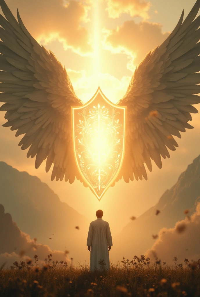 "Create a series of high-definition spiritual images that capture the theme of divine protection and refuge as described in Psalm 91. The scene should include elements such as a figure in prayer under the shadow of enormous angelic wings, symbolizing divine protection. Also show a luminous shield representing the fortress of God around the figure.. Include serene and peaceful landscapes, like a field at dawn or a peaceful mountain, to reflect the peace and security that comes from trusting God. In another image, represent the idea of guardian angels, with ethereal angelic figures surrounding the central figure, transmitting a sense of security and calm. Colors should be soft and enveloping, with golden and celestial tones that radiate light and warmth."