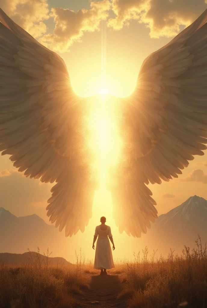 "Create a series of high-definition spiritual images that capture the theme of divine protection and refuge as described in Psalm 91. The scene should include elements such as a figure in prayer under the shadow of enormous angelic wings, symbolizing divine protection. Also show a luminous shield representing the fortress of God around the figure.. Include serene and peaceful landscapes, like a field at dawn or a peaceful mountain, to reflect the peace and security that comes from trusting God. In another image, represent the idea of guardian angels, with ethereal angelic figures surrounding the central figure, transmitting a sense of security and calm. Colors should be soft and enveloping, with golden and celestial tones that radiate light and warmth."

