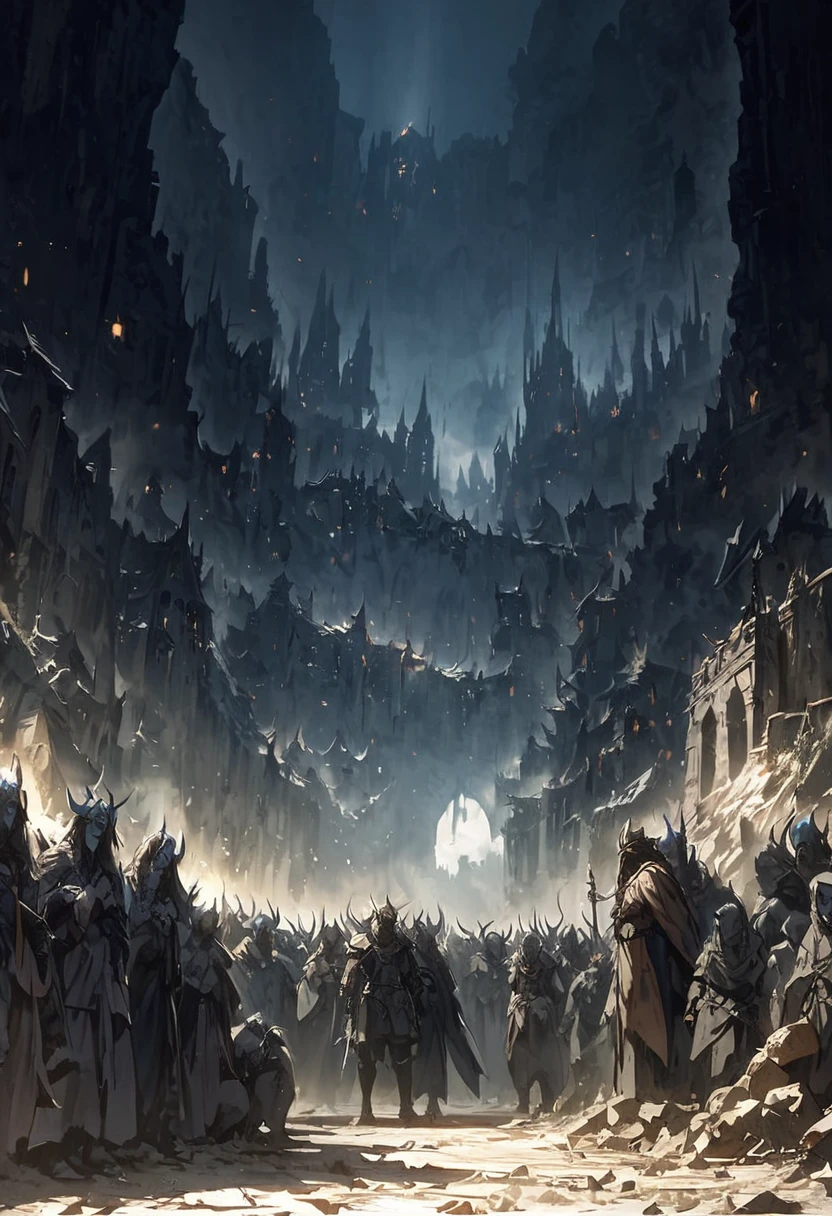 destroyed village, poor crowd in misery receiving divine light, blue skinned horned demons, dark medieval setting