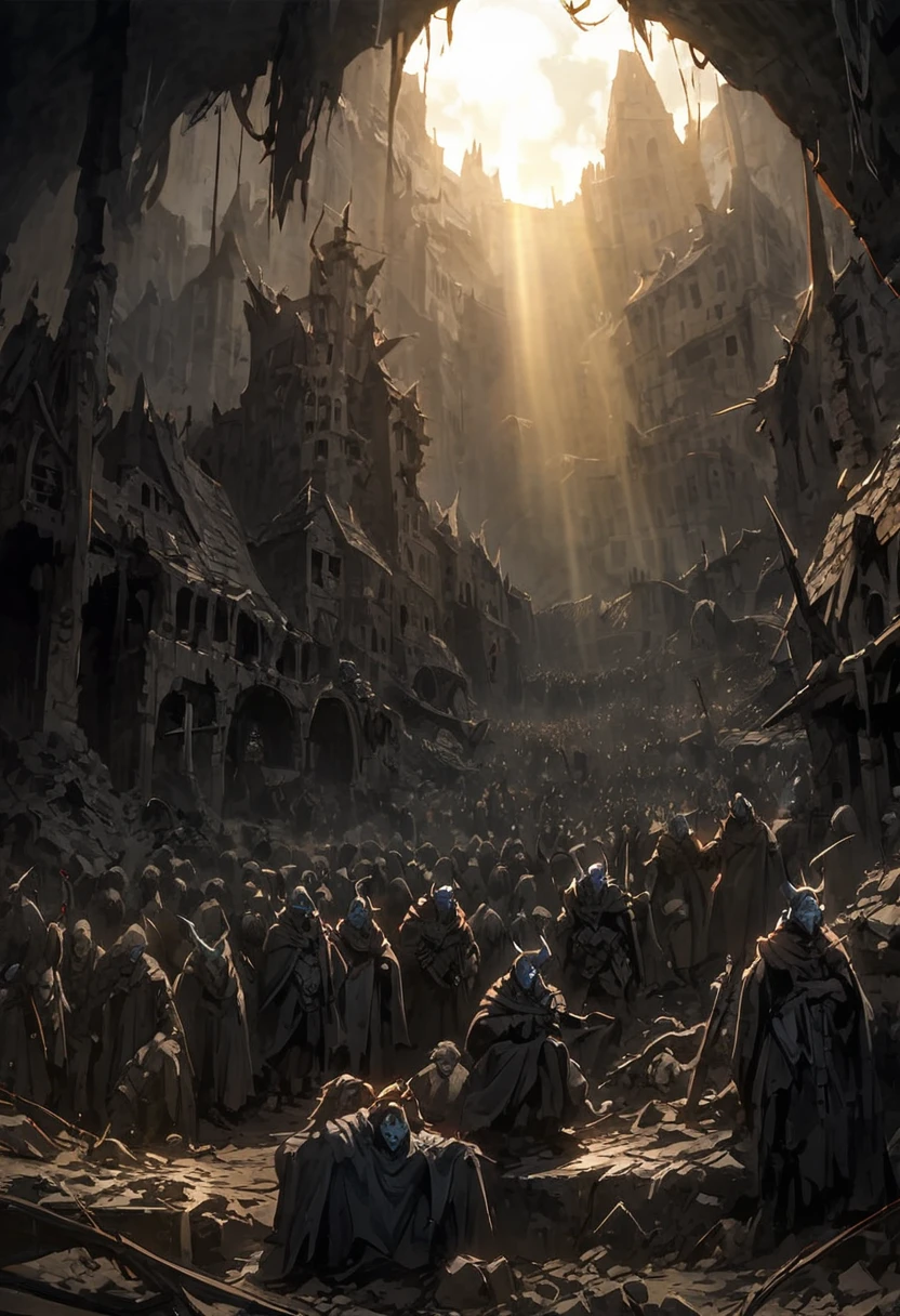 destroyed village, poor crowd in misery receiving divine light, blue skinned horned demons, dark medieval setting
