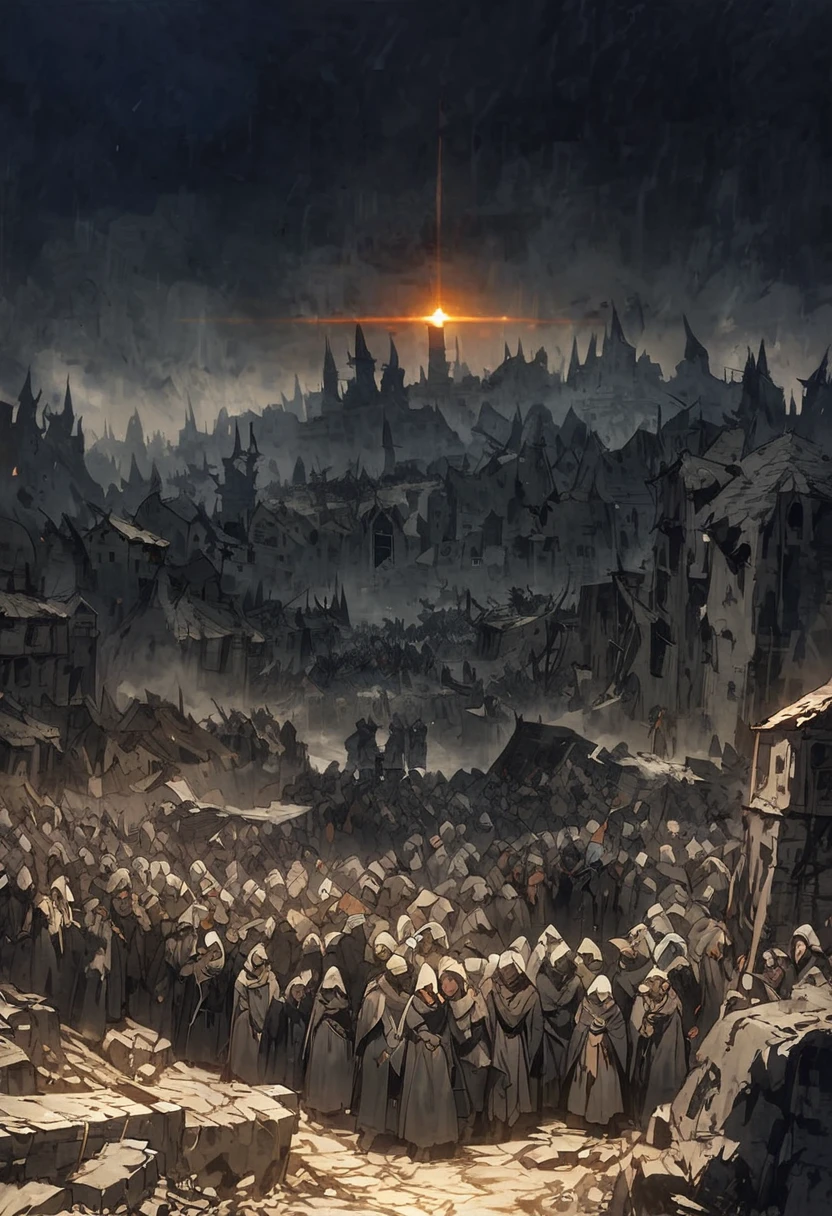 destroyed village, poor crowd in misery receiving divine light, blue skinned horned demons, dark medieval setting