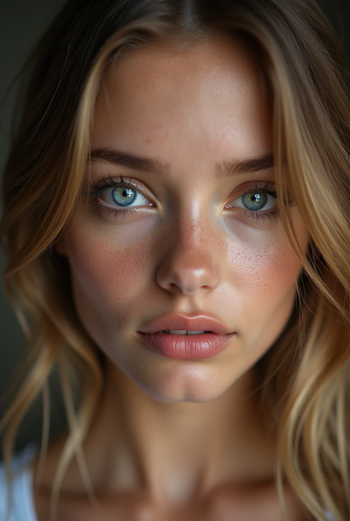 GROS PLAN d'une Belle fille européenne aux yeux marrons et aux bruns et reflets blonds, ultra Haute résolution, (photoréaliste: 1.4), Haute résolution , (finely détaillé skin), (yeux bleus), (Des proportions parfaites) (Photos réalistes) (chef-d&#39;œuvre) (photoréaliste), ultraréaliste (meilleure qualité) (détaillé) Photographié avec un Canon EOS R5, objectif 50 mm, F/2.8, (8k) (fond d&#39;écran) (Éclairage cinématographique) (éclairage dramatique) (complexe) mode