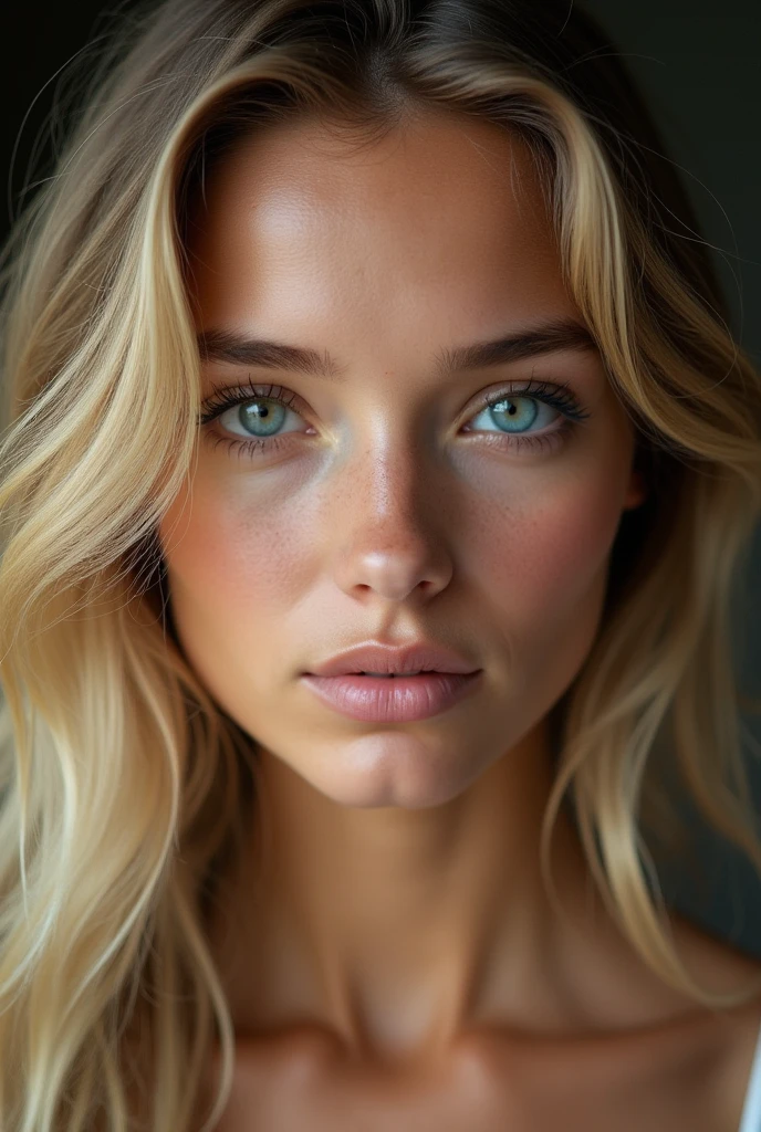 GROS PLAN d'une Belle fille européenne aux yeux marrons et aux bruns et reflets blonds, ultra Haute résolution, (photoréaliste: 1.4), Haute résolution , (finely détaillé skin), (yeux bleus), (Des proportions parfaites) (Photos réalistes) (chef-d&#39;œuvre) (photoréaliste), ultraréaliste (meilleure qualité) (détaillé) Photographié avec un Canon EOS R5, objectif 50 mm, F/2.8, (8k) (fond d&#39;écran) (Éclairage cinématographique) (éclairage dramatique) (complexe) mode