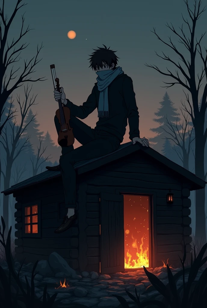 The image is anime style cowboy bebop and Darker than black with shadows and dim lights, anime style although somewhat adult and dark, It shows a single adult male aged 26., brown hair and brown eyes, sitting on top of the ruins of a cabin charred in embers, He wears a scarf covering his mouth and a violin in his hand., next to his bow. it's dawn. The image is taken from below that cabin