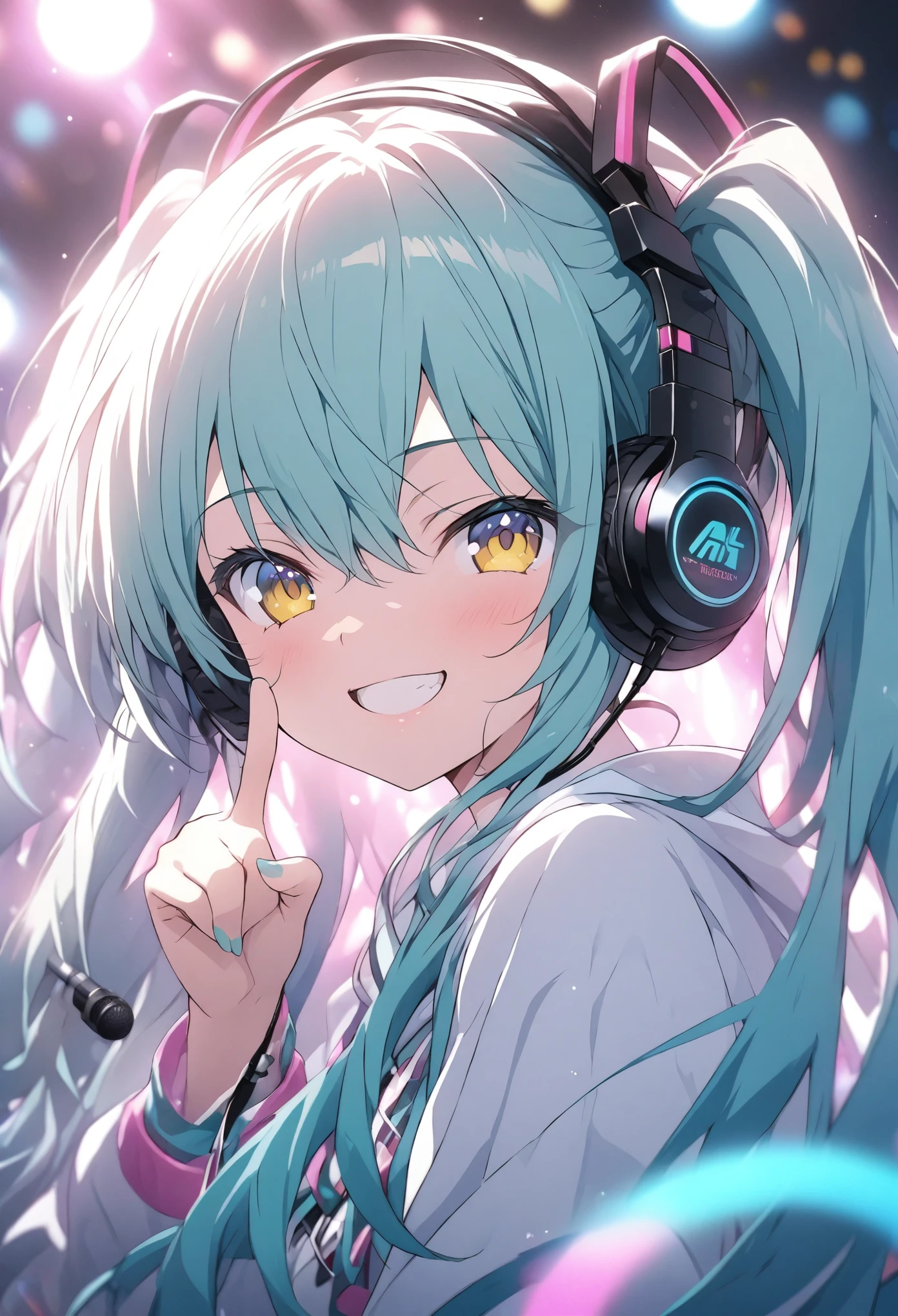 Hatsune Miku、masterpiece, Highest quality, Highly detailed CG Unity 8K wallpapers, High  Girl Anime Illustration. headphone microphone、Finger gun pose、she has her eyes closed and mouth open, smile. The background is a live stage with neon lights shining, white hair color, Yellow Eyes, The depth of deep writing、bokeh photography, (soft focus):1.2, out-of-focus highlights, dreamy ambiance, glowing circles, mesmerizing depth、Deep depth of field