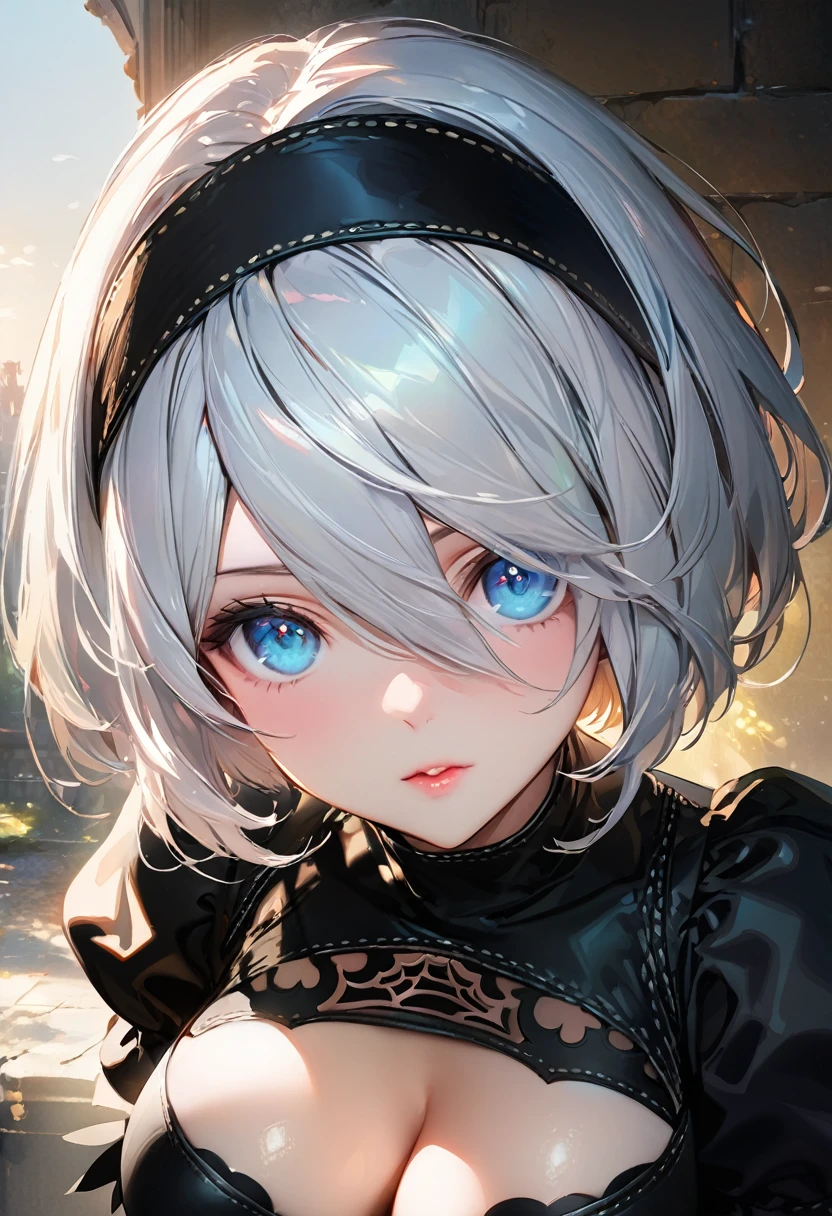 {(masterpiece,best quality, 16K portrait, UHD, extremely detailed the work, detailed beautiful face and eyes and skin and hair)}
BREAK {1 woman 25yo,(2B of Nier-Automa:1.4), (lightbrown-lightwhite colored hair:1.4, short cut hair), (medium mouth),(narrow and sharp eyes),(attractive blue-glay eyes:1.4),(left-eye hidden by bangs:1.2),(slender body,small breasts):1.2,captivating lips}
BREAK {(Nier-Automata-2B costume:1.2),(cleavage between breasts:1.2),(hairband:1)}
BREAK {face focus}