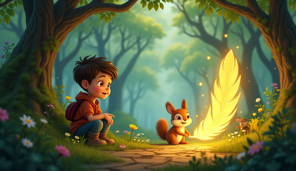 Setting the Scene:
"Imagine a magical forest where a young boy named Leo and his clever squirrel friend Nibbles discover a glowing golden feather that holds the power to grant a single wish."
