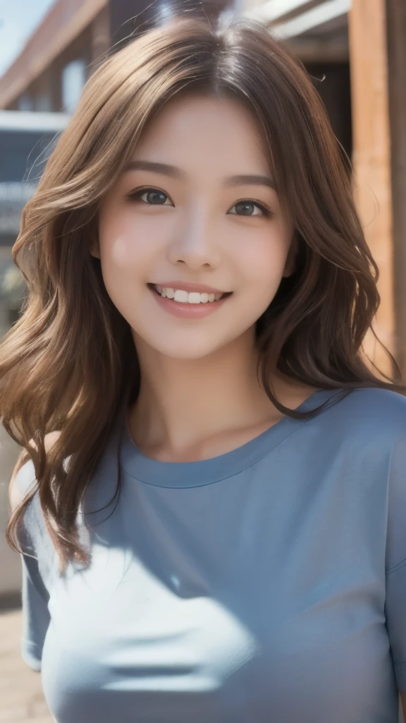 8k,Highest quality,(masterpiece:1.2),(Realistic),(Realistic:1.37),Ultra-high resolution,1 female college student,Long Wavy Hair,smile,Beautiful Eyes,Beautiful teeth alignment, In town,(((T-Shirts))),Big Breasts,Perfect body,Perfect Fingers,Professional Lighting,gravure,Detailed face and skin texture,fine grain,RAW Photos