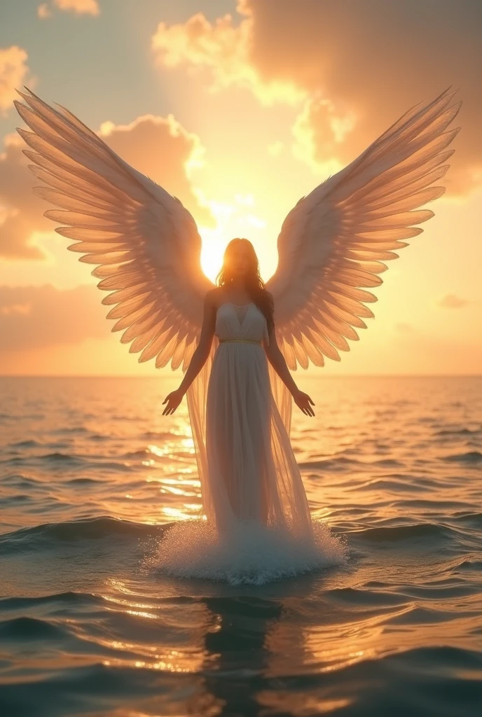 White angel with wings stands in ocean in the sun set
