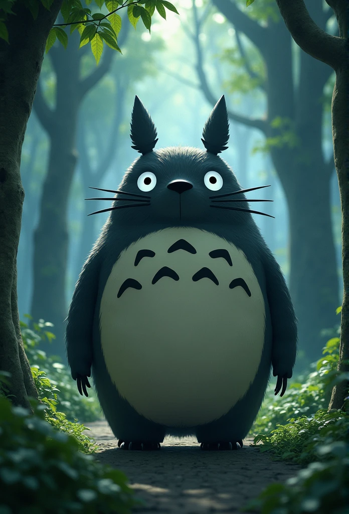(Highest Resolution, clear_image) Highest quality), My Neighbor Totoro character, masterpiece, Attention to detail,Realistic, Majestic and powerful, Themed in the style of 80's dark fantasy movies, Magic, In the woods ((With X-ray mirror))