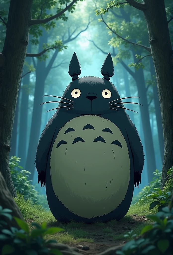 (Highest Resolution, clear_image) Highest quality), My Neighbor Totoro character, masterpiece, Attention to detail,Realistic, Majestic and powerful, Themed in the style of 80's dark fantasy movies, Magic, In the woods ((With X-ray mirror))