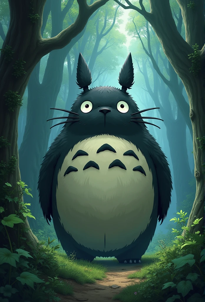 (Highest Resolution, clear_image) Highest quality), My Neighbor Totoro character, masterpiece, Attention to detail,Realistic, Majestic and powerful, Themed in the style of 80's dark fantasy movies, Magic, In the woods ((With X-ray mirror))