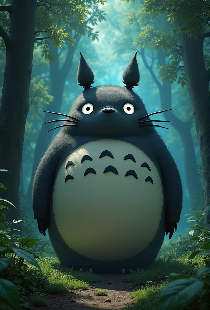 (Highest Resolution, clear_image) Highest quality), My Neighbor Totoro character, masterpiece, Attention to detail,Realistic, Majestic and powerful, Themed in the style of 80's dark fantasy movies, Magic, In the woods ((With X-ray mirror))