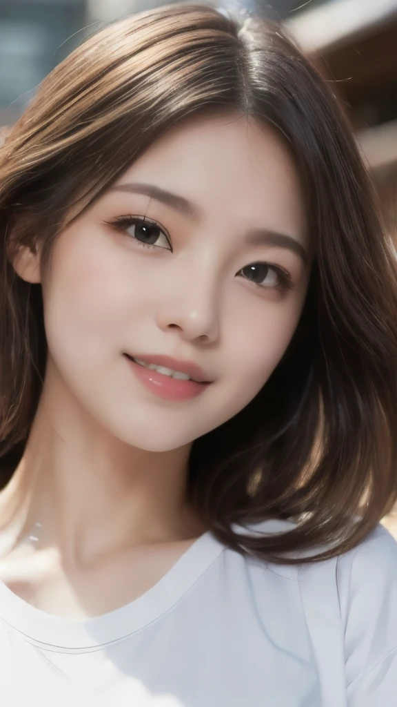 8k,Highest quality,(masterpiece:1.2),(Realistic),(Realistic:1.37),Ultra-high resolution,1 female college student,smile,Long Wavy Hair,Beautiful Eyes,Beautiful teeth alignment, In town,(((T-Shirts))),Big Breasts,Perfect body,Perfect Fingers,Professional Lighting,gravure,Detailed face and skin texture,fine grain,RAW Photos