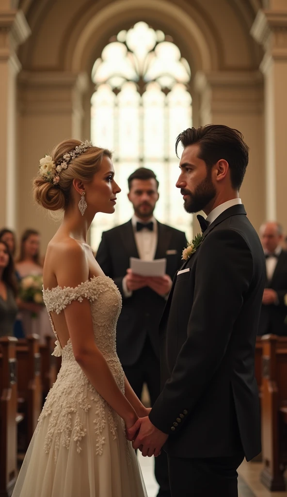Cover for romantic novel where beautiful bride and groom positioned at the center, in front of Priest in beautiful and elegant church with soft lighting and full off guests. They don't hold hands. Cinematic action scene, highly detailed, wide shot, Low Angle Shot, 4K, highly detailed, epic scene, dynamic scene. The Priest stands between the bride and groom, reciting vows. MALEFICENT DANICA, an elegant bride in her 30s. The woman appears elegant and romantic. Her hair is styled in an updo, with her blonde or light brown hair gathered at the back of her head. A decorative hair accessory, resembling a floral or jeweled headband, adorns her hairstyle. She wearing a luxury wedding, as her shoulders and upper chest are bare. The woman is wearing earrings that appear to be dangling or drop-style, adding to her sophisticated look. Her makeup is noticeable but elegant, with what appears to be darker eye makeup enhancing her eyes. Her facial expression is soft but tense. Her eyes are nearly closed, and her lips are slightly parted, conveying a sense of emotional anticipation. PEYGAN SINCLAIR, a handsome man in his early 30s. The man looks elegant and stylish. He has dark hair, neatly styled. The haircut is short, with longer hair on top brushed back. The man's face features a well-groomed beard and mustache that accentuate his facial features. He is dressed in a classic black suit with a white shirt and bow tie. His facial expression is calm and focused. His eyes are nearly closed. Overall, the man gives the impression of an elegant, well-groomed, and confident person. The lighting in the scene creates a soft outline of their profile, adding drama and depth to the image.