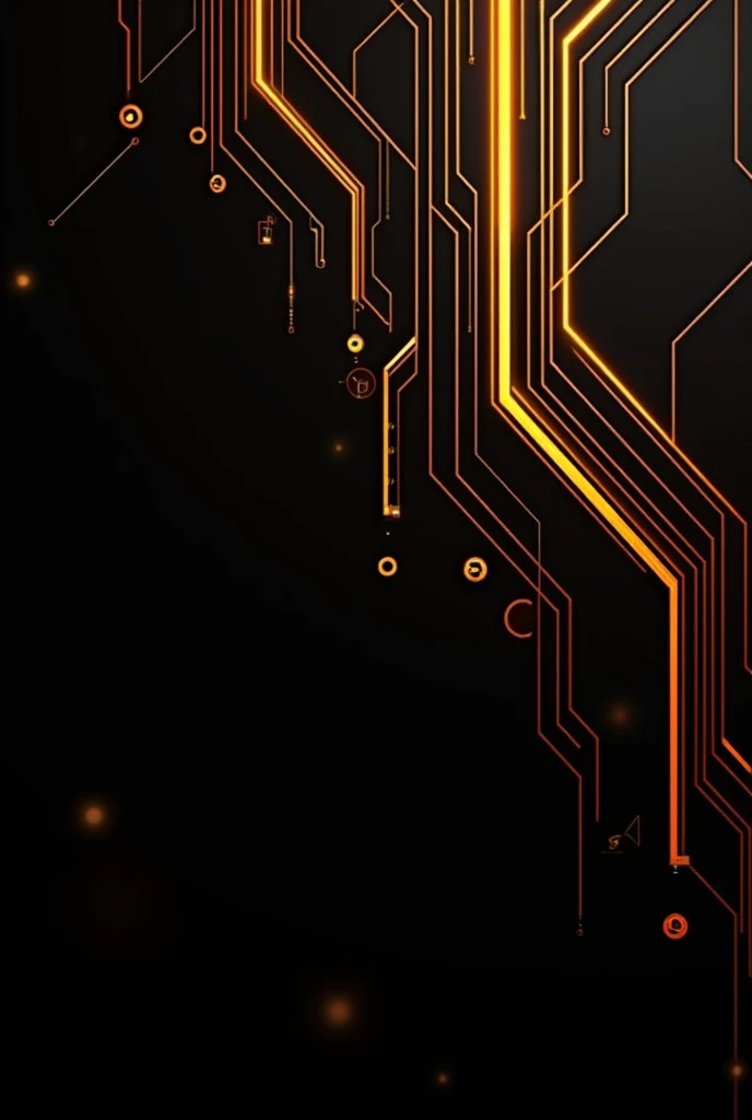 create a wallpaper with electronic theme, using black color background and orange circuit lines, yellow gradients