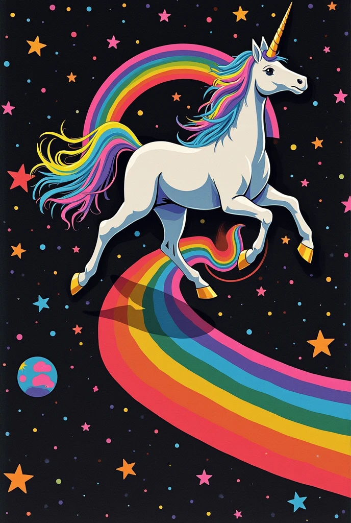 Retro collage style。A fluorescent planet on a black cosmic background,A unicorn with rainbow-colored mane and white body is running on the road extending from the rainbow-colored star ring,The night sky is filled with flowers
