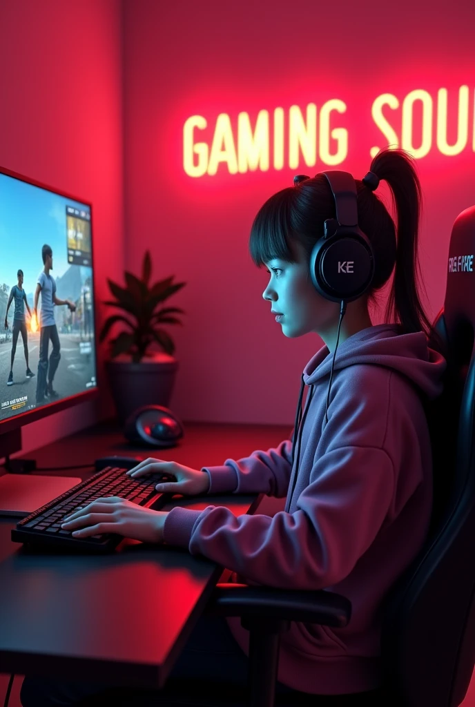 Create a 3d realistic image of a girl sitting in gaming room on gaming chair and playing on Free fire application on her pc. The girl must wear dark pink hoodie headphones and his name "Gaming Sound" is written on the wall with red colour neon light.
