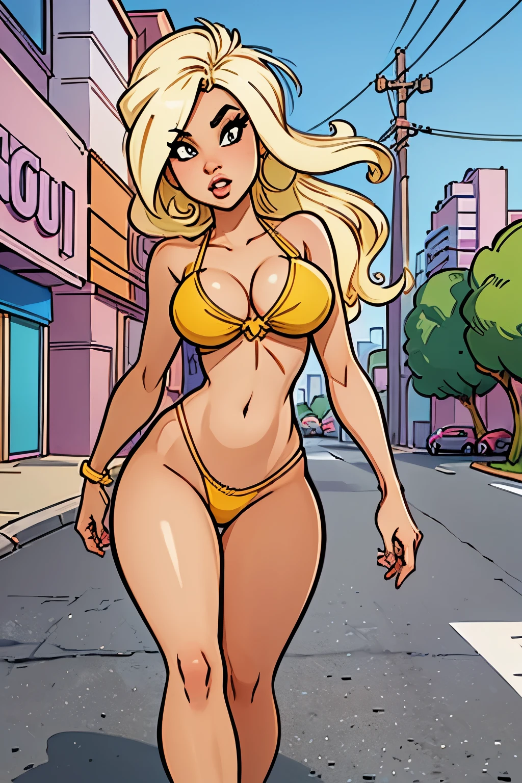 Create an image of a stylized female cartoon character in summer outfit, inspired by the style of a video game like GTA. The figure should appear dynamic and self-confident, with an urban background and a summery atmosphere.“ you can also make her blonde with tattoos and make her in a bikini