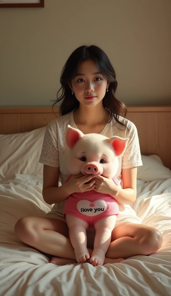 A Japanese woman wearing a lace T-shirt sitting on the bed, Holding a giant real pet pig,The pet pig is wearing a vest with the words "I love you" printed on it, She has a plump figure, But not naked,Looking at the audience, full-body shot, Hyperrealism,Movie Lighting, glow,32K
