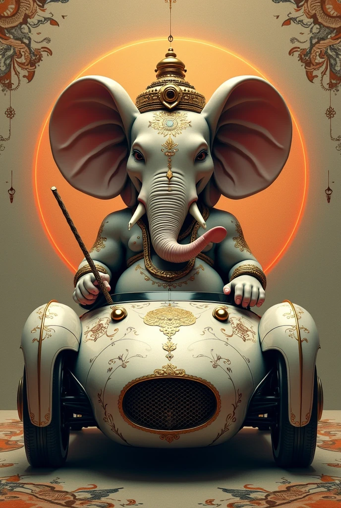 Lord Ganesha with a mouse monster look in indian traditional look robot body seat a monster super car in mouse look all in robot body in front of temple