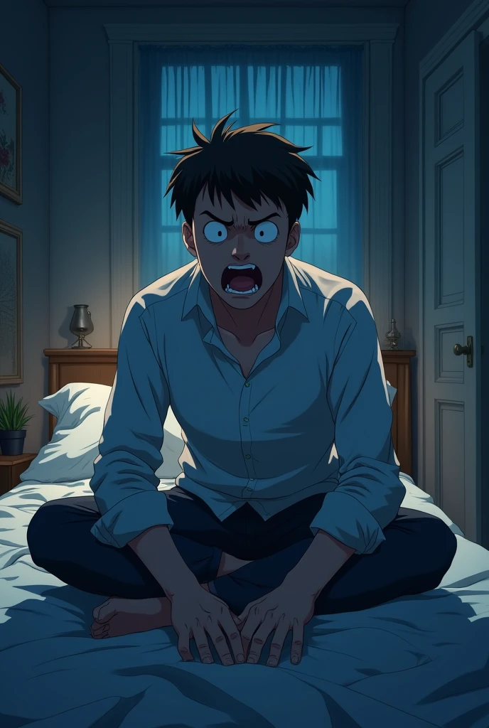 Man sitting on bed scared of nightmare anime drawing hd
