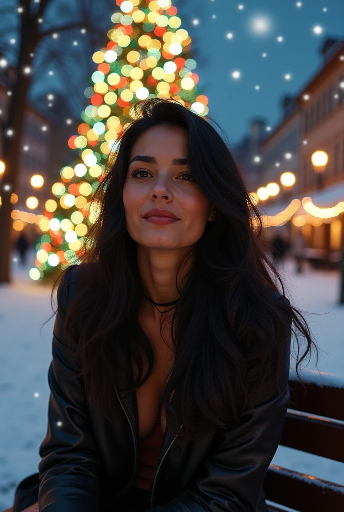 (best qualityer,4K,8k,high resolution,work of art:1.2),ultra detali,(realisitic,photorealisitic,photo-realisitic:1.37),latina woman,30 year old woman, long black hair,honey-colored eyes,smiling,beautiful detailed eyes,detailed facial features,marvelous,gracious,appealing,plein-air,trench coat, sitting on a bench in a square,peaceful atmosphere,Christmas tree behind her,full of colorful lights,glittering lights,illuminated tree,A beautiful night,shining stars,twinkling lights,cold winter night,tranquil atmosphere,serene environment,warm atmosphere,Cordiality,Calm,tranquility,glad,contemplating,sophisticated,comfortable,Female One,In fashion,chilled out,PENSATIVE,cozily,nostalgic feeling,aesthetics,inspirational,enchanted,singing,festive,harmonious,cheerfulness,happiness,festive,dreamers,winter wonderland,magical,enchantedr,desejando um Natal marvelous,encheerfulnessing the moment,city square,urban setting,welcoming,inviting,cozy bench
