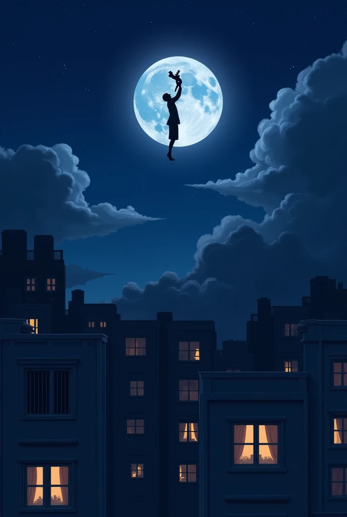 Create an image with a composition of the moon with multiple apartment windows and in one of the windows, a person is holding a cat above his head.