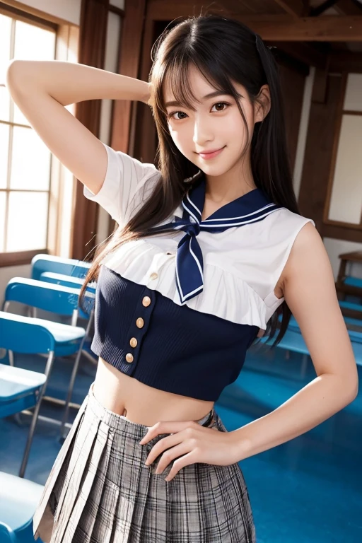 A beautiful Japanese idol with a perfect 8-head body line、Long Black Hair、A face that combines youthfulness and adulthood。She is wearing a sailor uniform with a checked mini pleated skirt.。Cute navel visible、Bust size is 203cm、Waist 38cm、Hips 85cm。Skirt gets flipped up violently in the school gym、Raise your arms、They dance fast and intense belly dancing, with their hips swinging from side to side.、A soft expression and a gentle gaze、Her modest smile exudes purity and sophistication.、topless