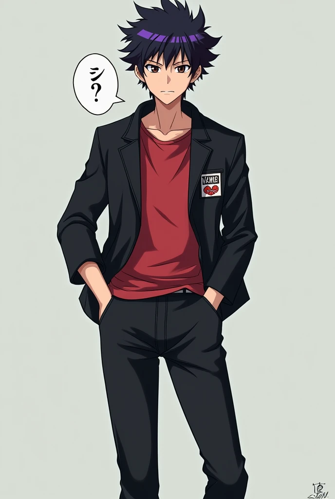 Takashi is a high school student of average height with brown eyes, spiky black hair which can occasionally have a purple hue[1] (Note: in the anime, his hair can have a brown hue).[2], and a slender yet reasonably powerful build that contributes to his agility. Takashi's attire typically consists of his black school uniform with a red T-shirt underneath. He wears various T-shirts and jeans for short periods of time,[3] but his school uniform remains his primary wardrobe. During the beach OVA he's forced to wear a extremely tight black speedo with boots.