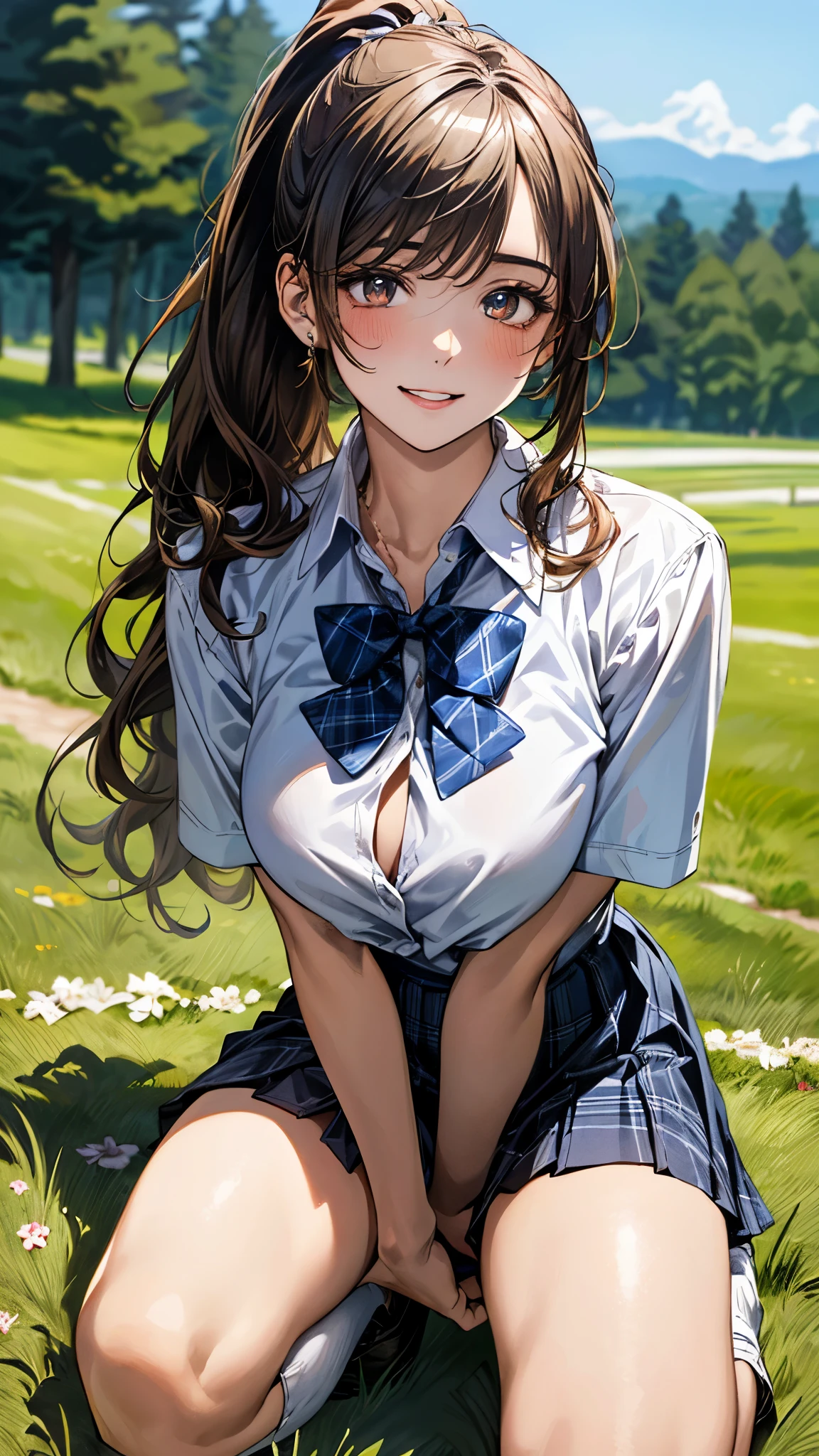 very cute and beautiful girl,(highly detailed beautiful face),(smile),blush,cowboy shot, (white blouse with detailed frills),long sleeve BREAK standing,(from behind,looking back),leaning forward,Pull down white panties 、No panties ,looking at viewer, hair ribbon,black hair,(scarlet plaid mini skirt:1.15) BREAK flower garden,grassland,countryside,fence, (best quality,masterpiece),absurdres,highres,ultra-detailed,extremely detailed,32k,8k resolution, intricate details,cinematic scene,detailed background,solo,dynamic angle,