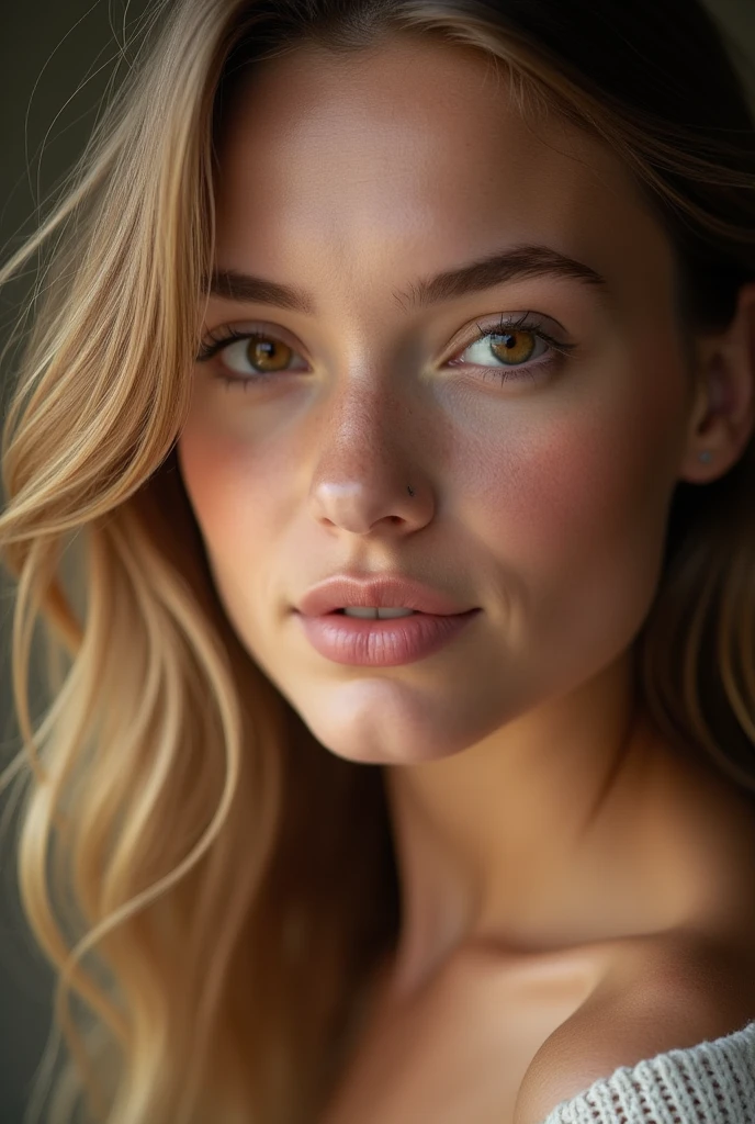 GROS PLAN d'une Belle fille européenne aux yeux marrons et aux bruns et reflets blonds, ultra Haute résolution, (photoréaliste: 1.4), Haute résolution , (finely détaillé skin), (yeux marrons), (Des proportions parfaites) (Photos réalistes) (chef-d&#39;œuvre) (photoréaliste), ultraréaliste (meilleure qualité) (détaillé) Photographié avec un Canon EOS R5, objectif 50 mm, F/2.8, (8k) (fond d&#39;écran) (Éclairage cinématographique) (éclairage dramatique) (complexe) mode