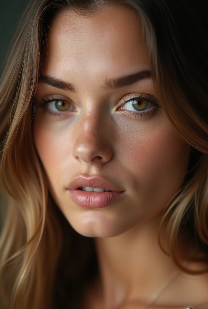 GROS PLAN d'une Belle fille européenne aux yeux marrons et aux bruns et reflets blonds, ultra Haute résolution, (photoréaliste: 1.4), Haute résolution , (finely détaillé skin), (yeux marrons), (Des proportions parfaites) (Photos réalistes) (chef-d'œuvre) (photoréaliste), ultraréaliste (meilleure qualité) (détaillé) Photographié avec un Canon EOS R5, objectif 50 mm, F/2.8, (8k) (fond d'écran) (Éclairage cinématographique) (éclairage dramatique) (complexe) mode