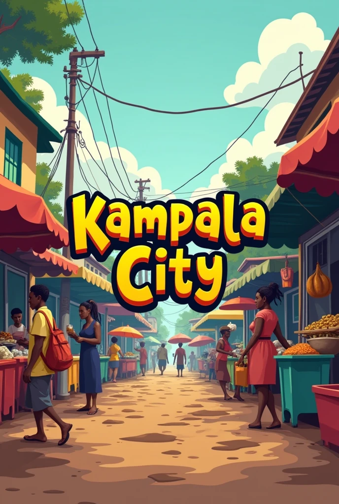 a colourful illustrative logo cartoony font of the phrase "Kampala City" with a faded background animated images of a muddy street food market of Kampala City