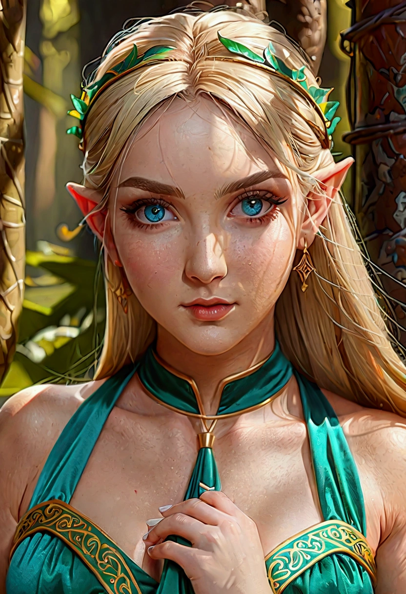 tiffaniawestwood, tiffania westwood, blonde hair, blue eyes, elf, long hair, pointy ears,
BREAK dress, green dress, halter dress, halterneck, sandals, thighhighs, toeless legwear, white thighhighs,
BREAK looking at viewer,
BREAK outdoors, forest,
BREAK (masterpiece:1.2), best quality, high resolution, unity 8k wallpaper, (illustration:0.8), (beautiful detailed eyes:1.6), extremely detailed face, perfect lighting, extremely detailed CG, (perfect hands, perfect anatomy),
