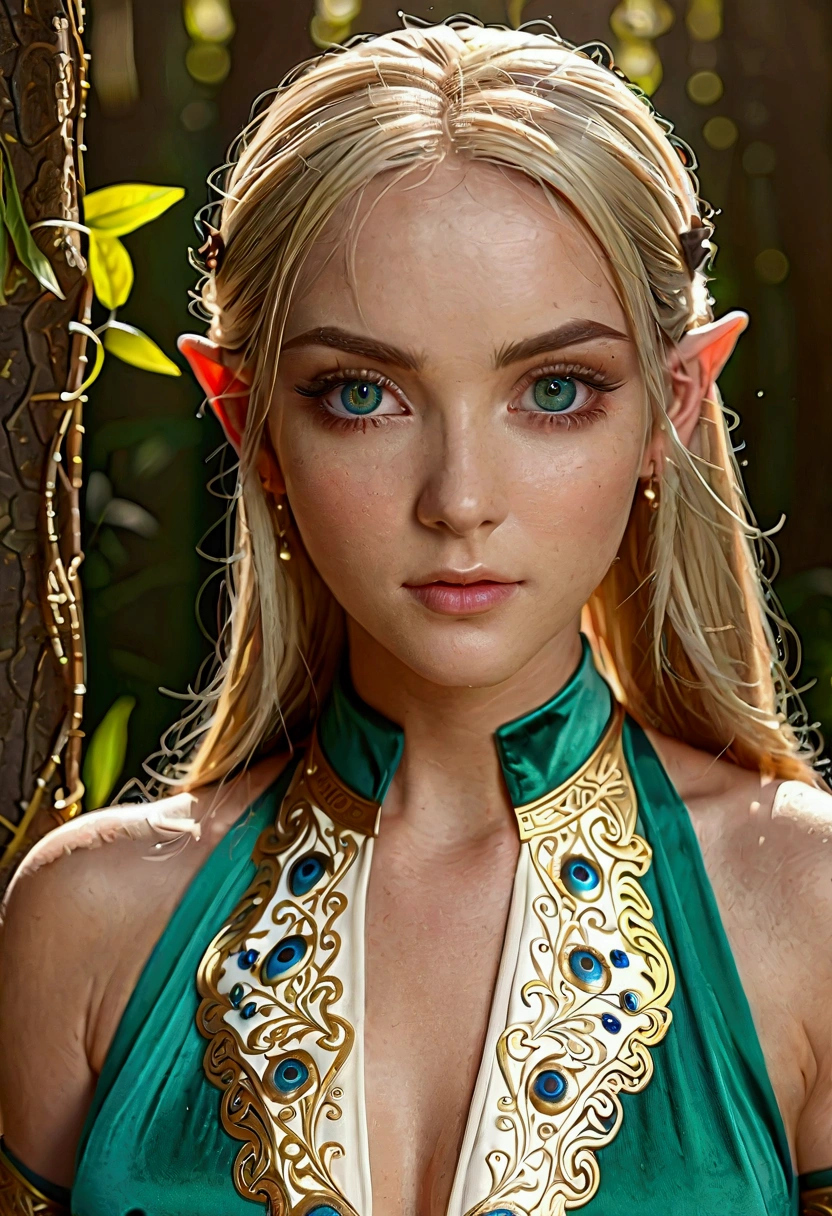 tiffaniawestwood, tiffania westwood, blonde hair, blue eyes, elf, long hair, pointy ears,
BREAK dress, green dress, halter dress, halterneck, sandals, thighhighs, toeless legwear, white thighhighs,
BREAK looking at viewer,
BREAK outdoors, forest,
BREAK (masterpiece:1.2), best quality, high resolution, unity 8k wallpaper, (illustration:0.8), (beautiful detailed eyes:1.6), extremely detailed face, perfect lighting, extremely detailed CG, (perfect hands, perfect anatomy),