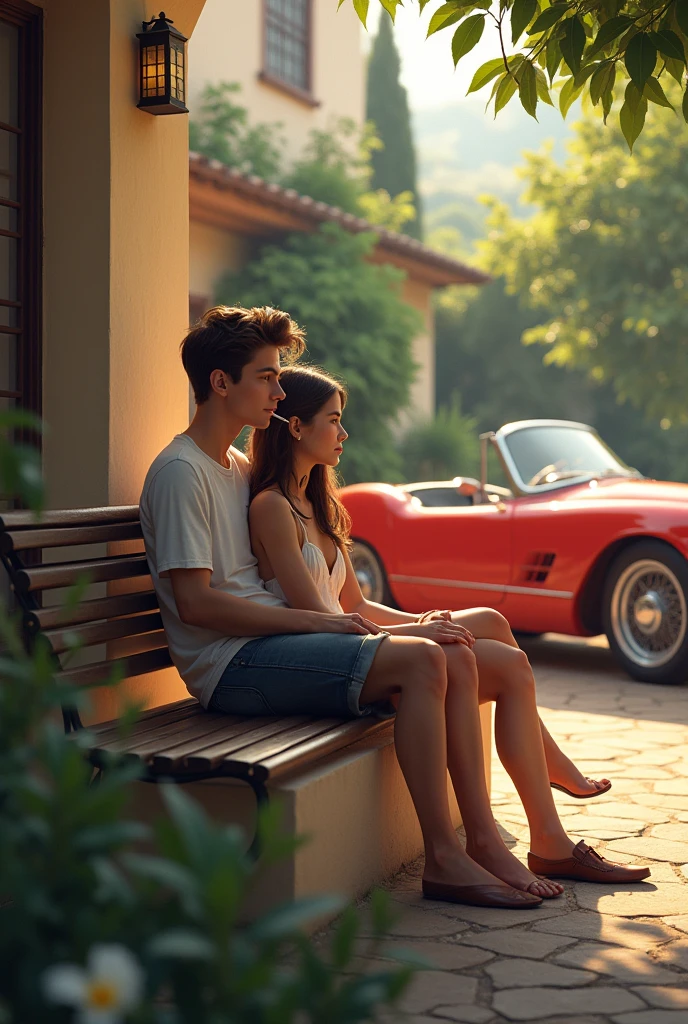 A boy sitting near villa having one cigarette in a hand a red colour car beside him and enjoying with his girlfriend