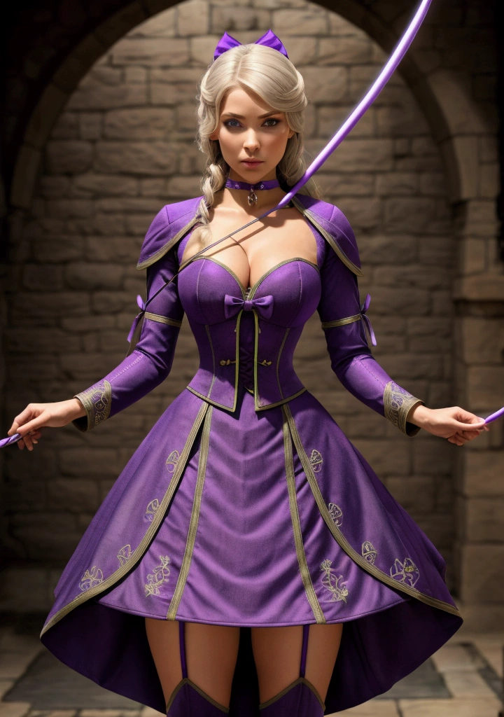 women in purple with bow , archer clothe , perfect detail,