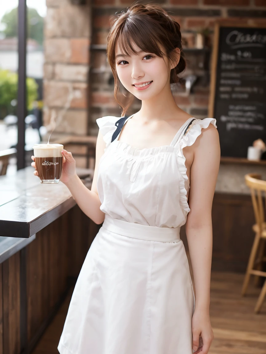 1 girl、(RAW Photos、Highest quality)、(Real、フォトReal:1.4)、Tabletop、Very delicate and beautiful、Very detailed、2k wallpaper、wonderful、Detailed、Very detailedCG Unity 8k壁紙、Super detailed、1、High resolution、(White waitress outfit)、Long skirt、Elegant skirt、Frills、ribbon、Soft Light、Beautiful detailed girl、Cafeのウエイトレス、Medium Hair、ponytail、smile、Happy Face、Cafe、coffee shop、Latte Art