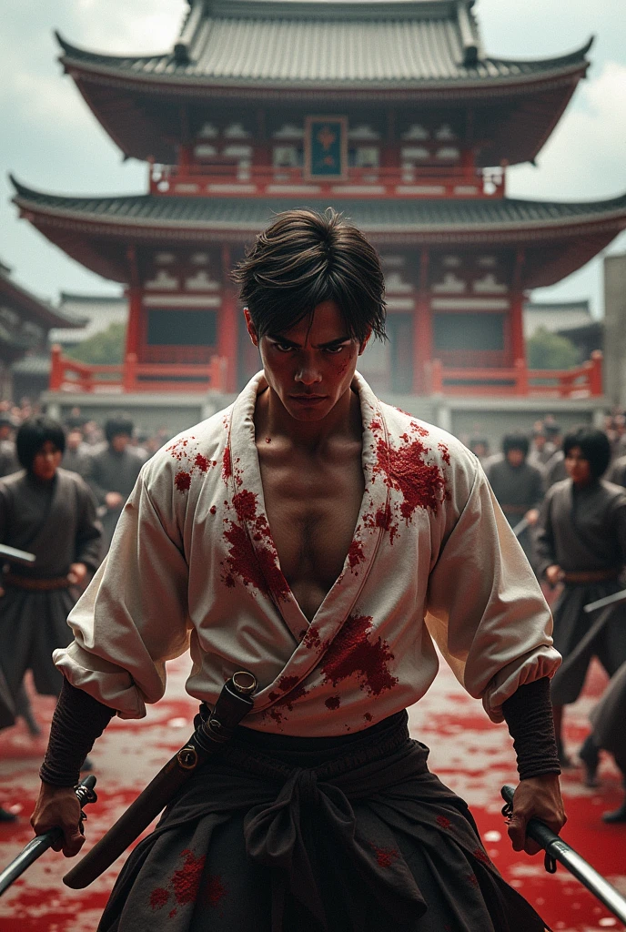 A brunette man with stylish hair style,blood his body and face, fight with 4-5 enemy front of samurai temple
